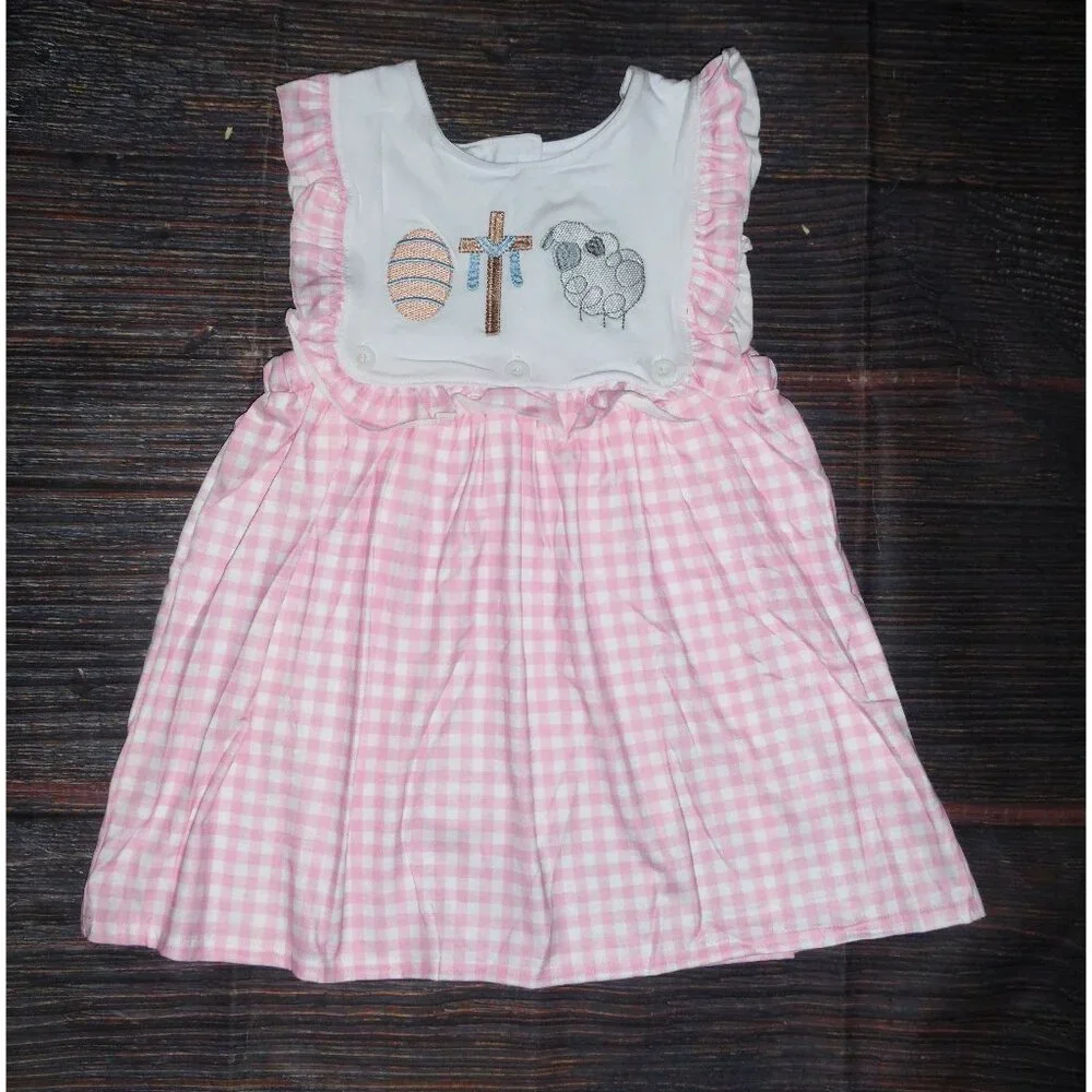 Boutique Embroidered Easter Girls Sleeveless Pink Plaid Dress
